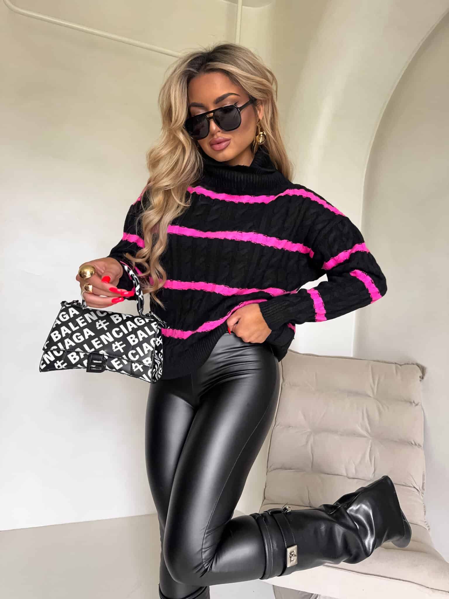 SWETER GOLF INKO PASY – CZARNO - RÓŻOWE